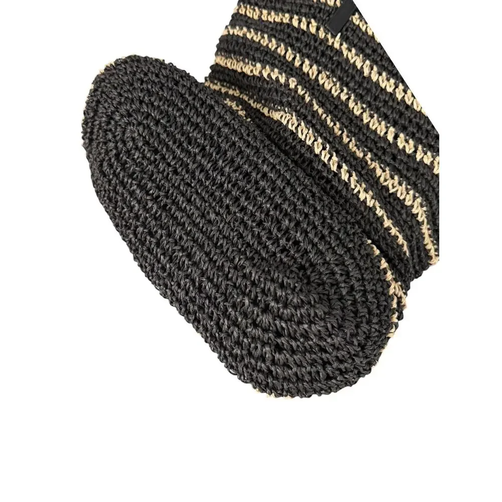BTB Los Angeles Black Natural Striped Paper Straw Pom Pom Tote Beach Bag